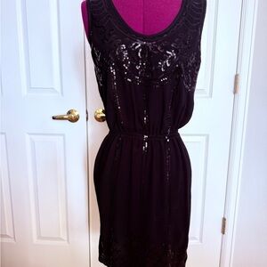 Black Sequin Scoop-Neck Mini Dress with Elastic Waist